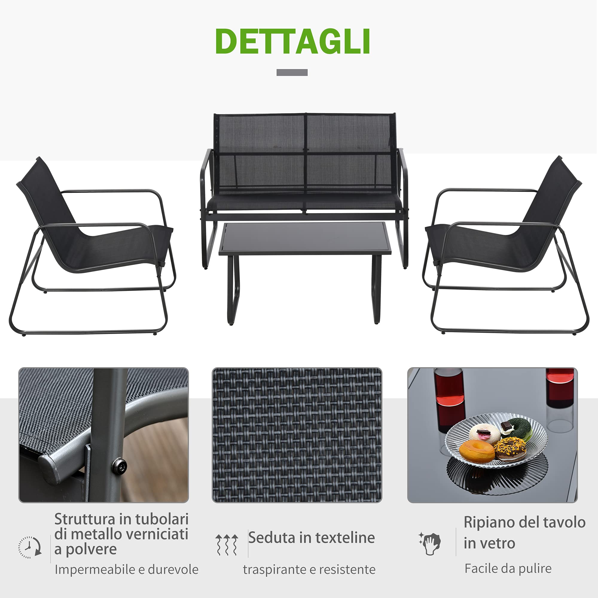 Outsunny Set Salotto da Giardino 4 Pezzi, Divanetto 2 Posti, Sedie, Tavolino Vetro Temperato, Metallo e Texteline, Nero