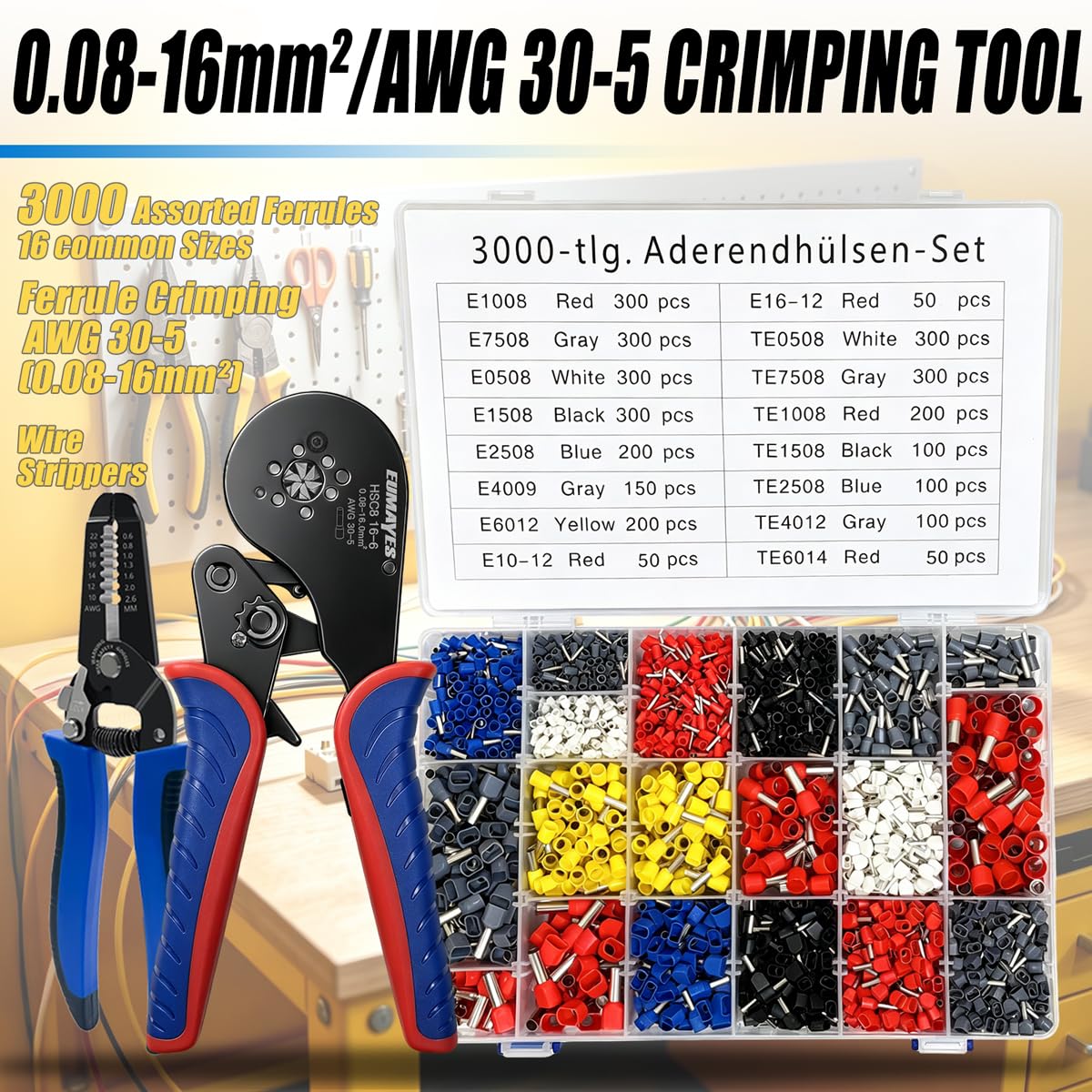 Crimpzange mit 3000 Aderendhülsen Set, Aderendhülsenzange für 0,08–16 mm²