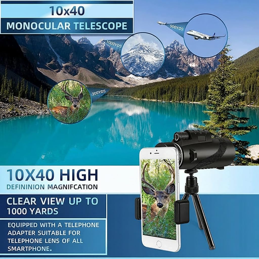 Mengshen 10x40 Telescopio Monoculare Pro Kit con Adattatore Universale Telefono Treppiede per Smartphone Digiscoping Fotografia