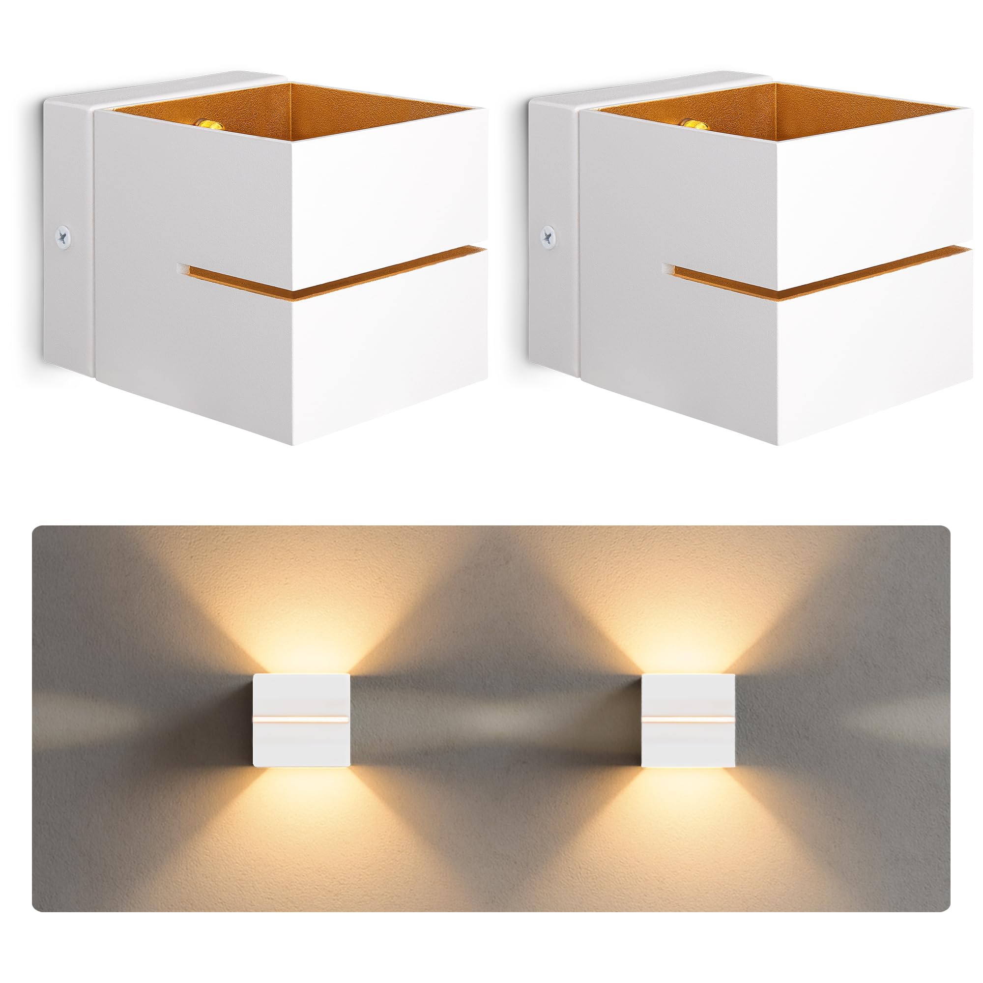 SSC-LUXon KOURA 2er Set Wandlampe Innen weiß gold mit Lichtspalt - moderne Wandbeleuchtung Up Down Retro Design mit 1x G9 Fassung
