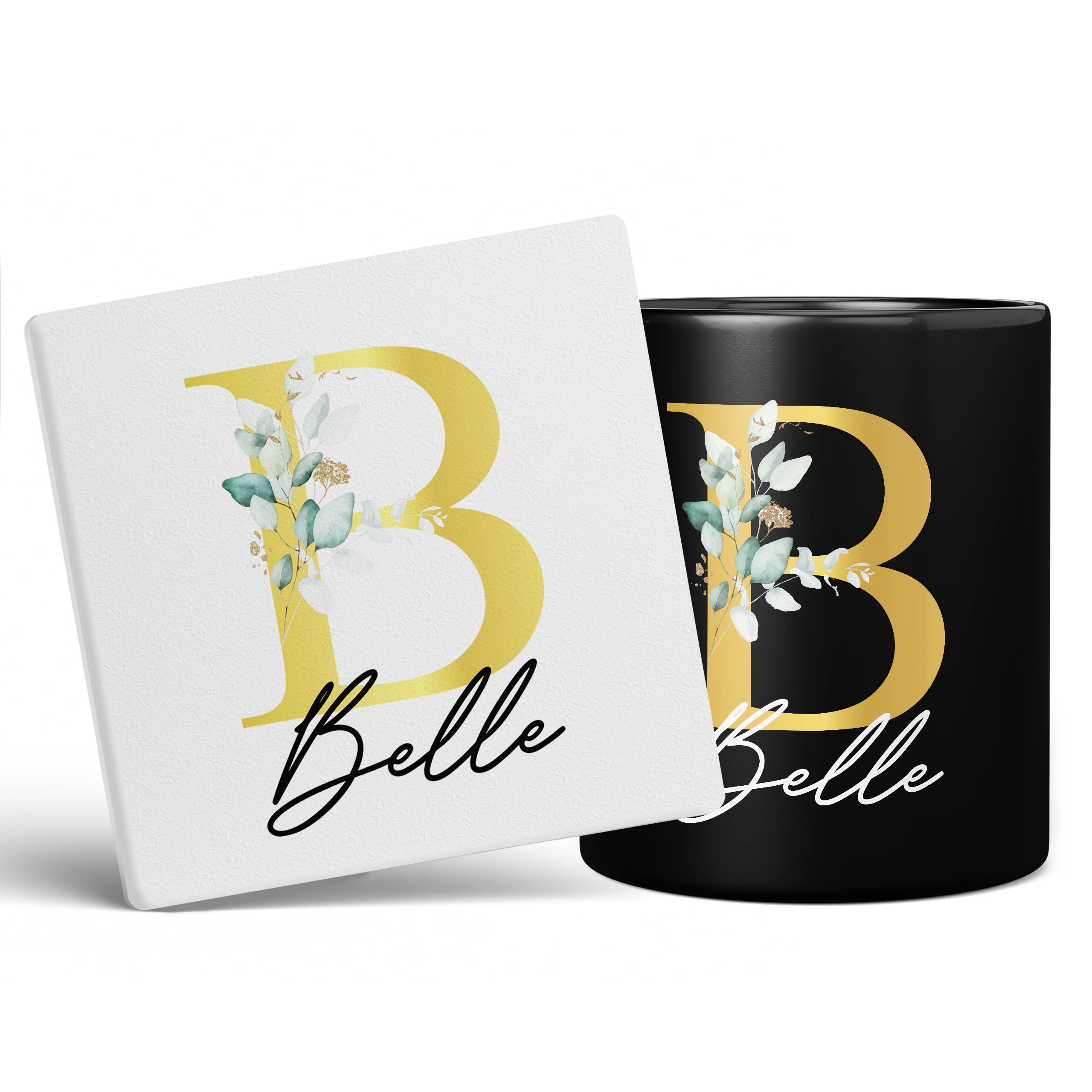 Personalised Letter B Floral Mug Initial with Name, Customised Gift, Gold Effect Printed Letter, NOT Metallic - Ceramic Coffee Cup for Men or Women, Extra Large and Giant Mug, 11oz Black Cup & Coaster