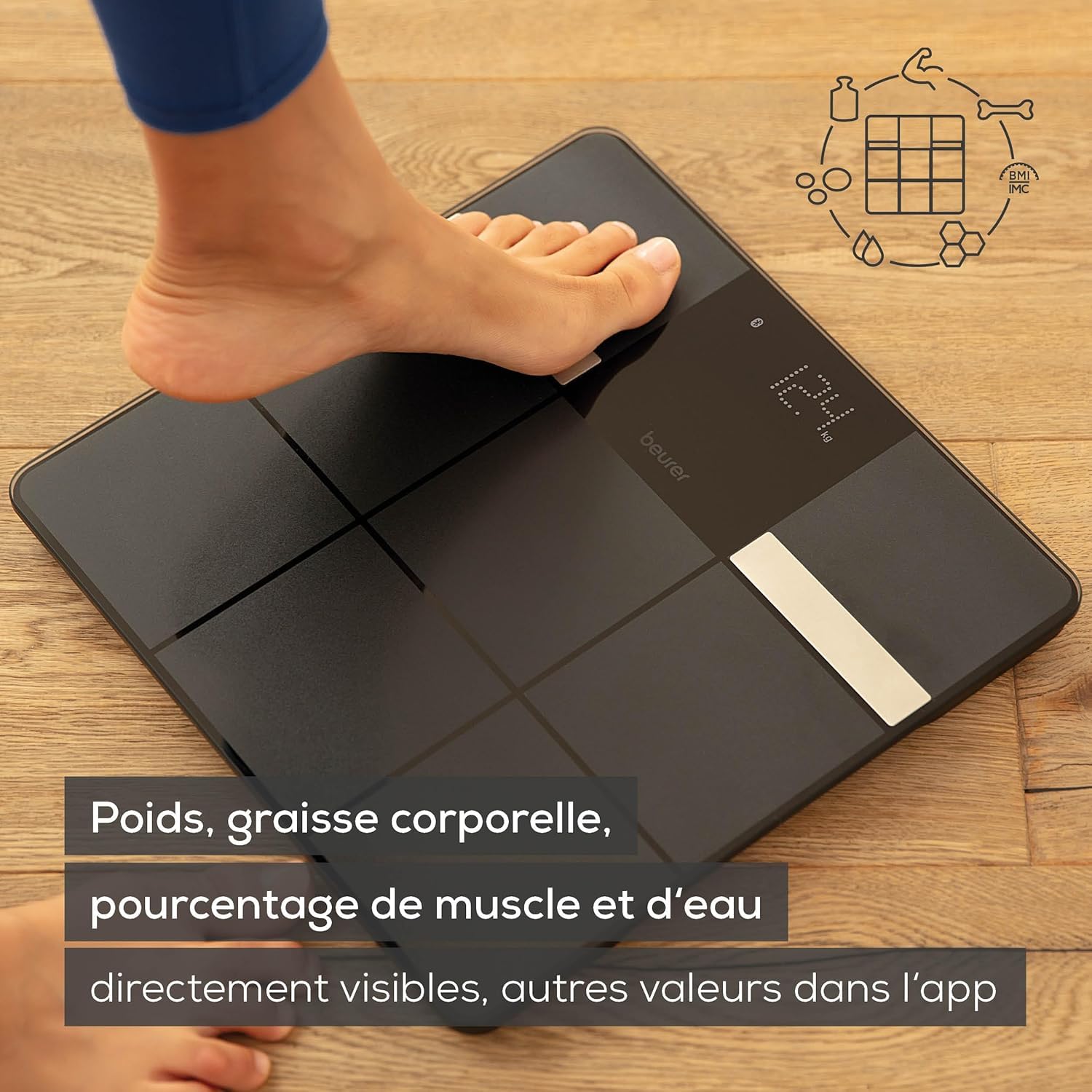 Beurer BF 450 Pèse-personne avec connexion à l'application via Bluetooth, balance impédancemètre numérique avec 17 valeurs mesurées, structure de carreaux mats, 8 mémoires utilisateur, 180 kg