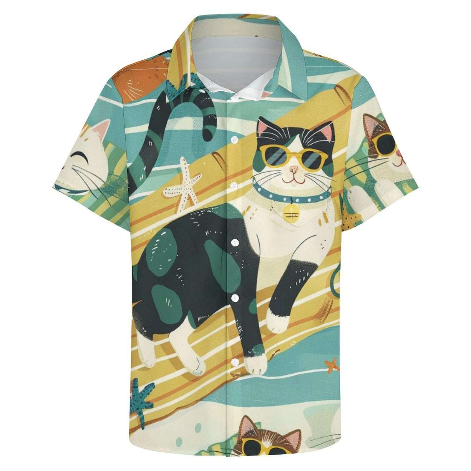 Hehanus Cute Cat Mens Hawaiian Shirts Funny Cat Print Short Sleeve Aloha Beach Shirt Summer Button Down Shirt