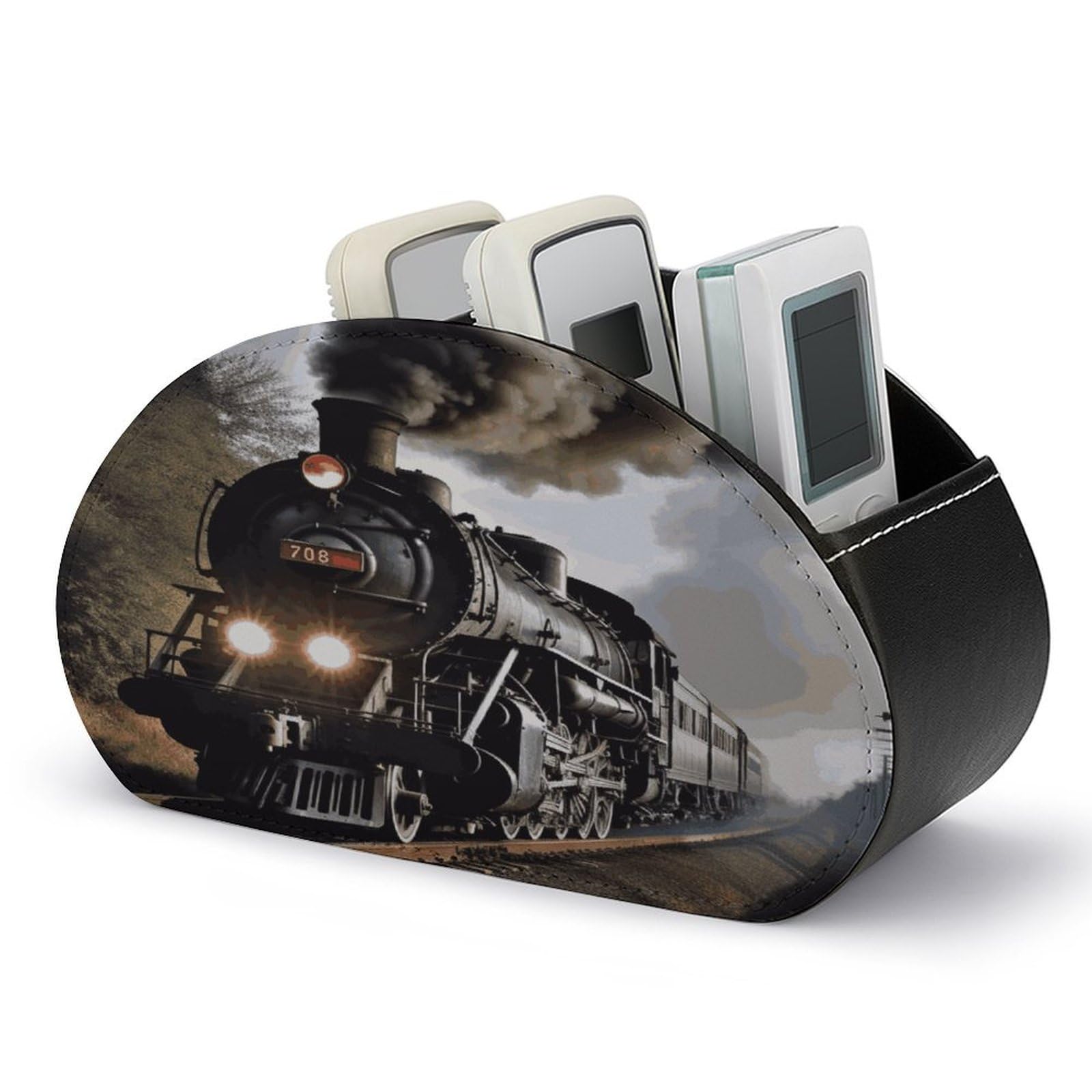 JTREHY Steam Train Remote Control Holder 5 Compartments Remote Caddy Tray PU Leather TV Remoter Storage Box Bedside Table Storage Organizer Office Desk Storage Case