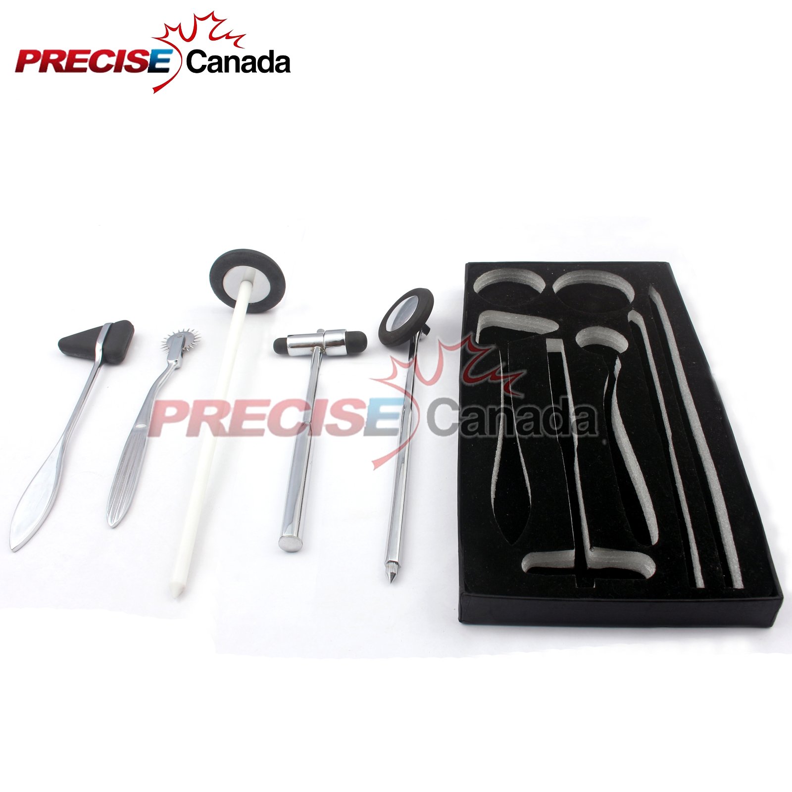 PRECISE CANADA: ADULT NEUROLOGICAL HAMMER INSTRUMENT SET, INCLUDES WARTENBURG PINWHEEL, BABINSKI HAMMER, TAYLOR HAMMER, BUCK HAMMER, QUEEN'S SQUARE HAMMER, BLACK