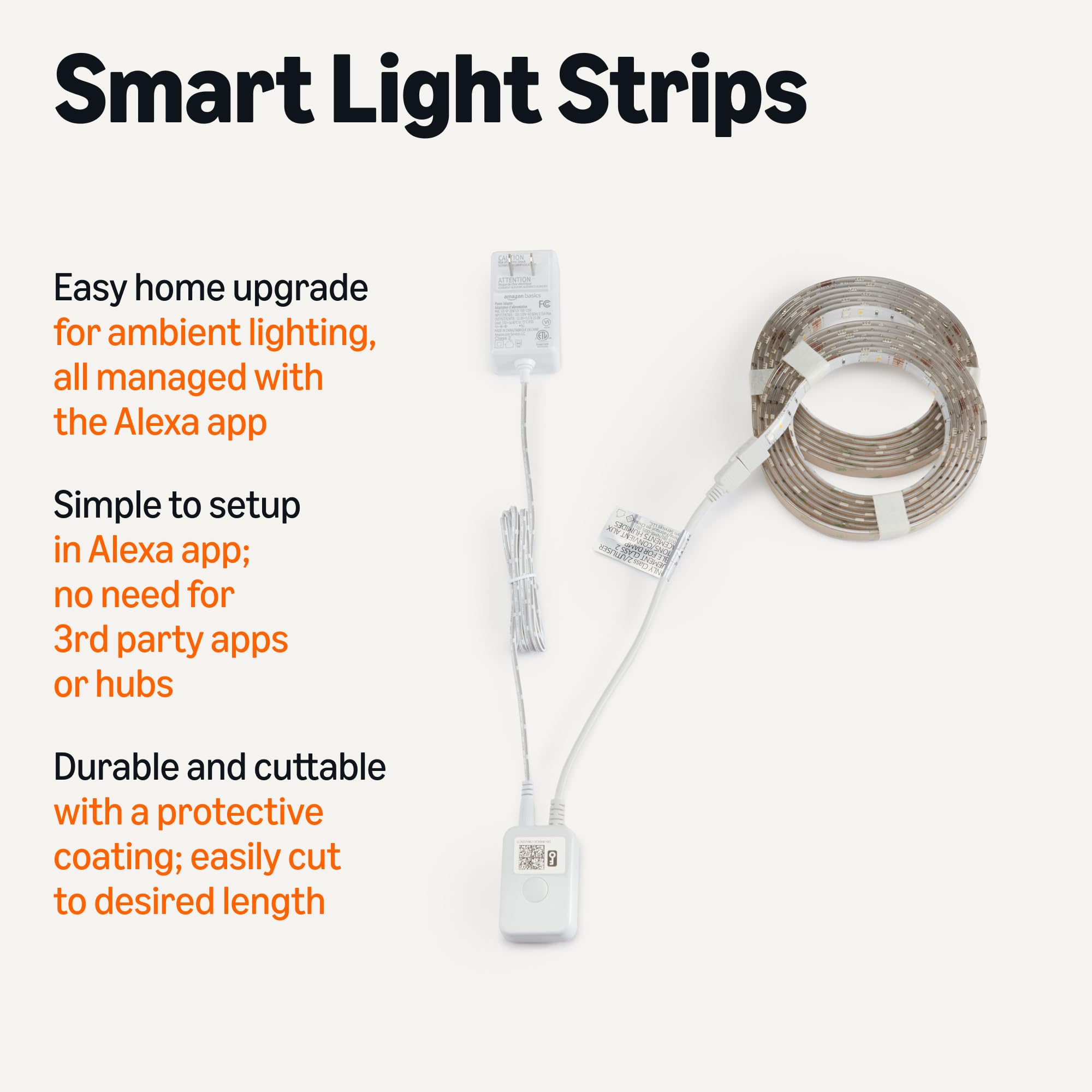 Amazon Basics Smart LED Light Strip, 16.4 Feet, RGB + Tunable White, Works with Alexa Only, 2.4 GHz Wi-Fi, No Hub Required