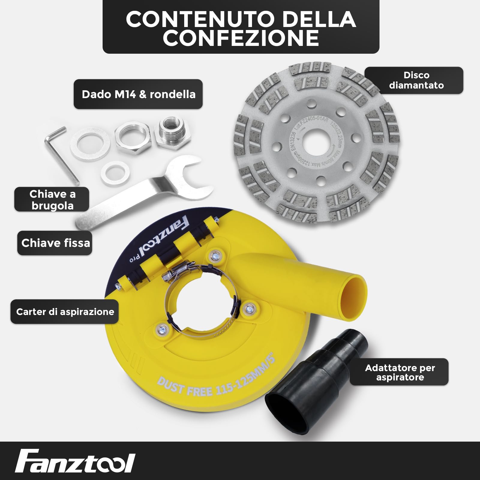 FANZTOOL Nuova Cuffia Aspirazione Smerigliatrice con Mola a Tazza Diamantata da 125 mm, Qualità Professionale, Spazzole a Molla Migliorate, Compatibilità Universale al 99%.