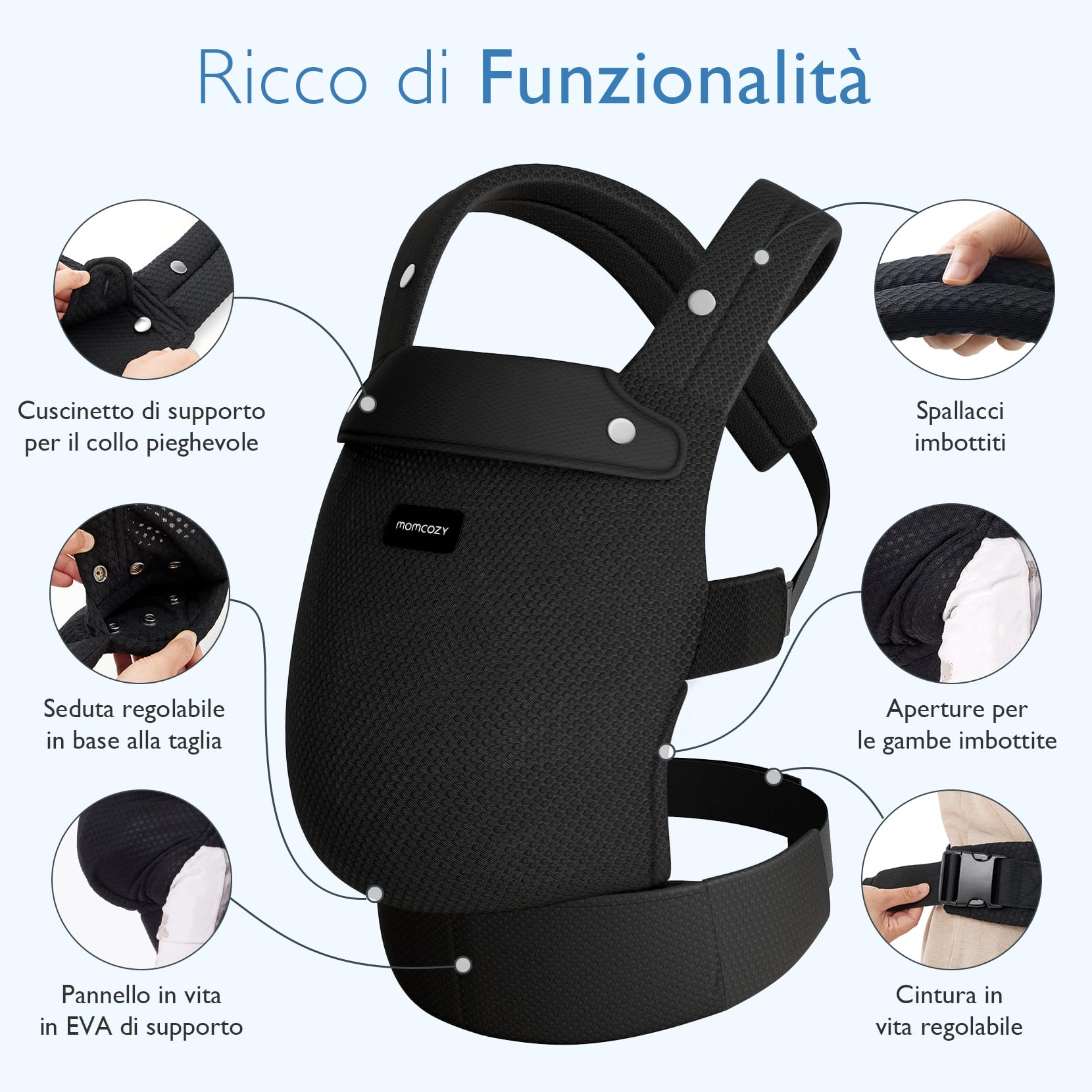 Momcozy Marsupio Ergonomico Traspirante in Rete, Supporto Lombare Rinforzato, per Bambini da 3,2–20 kg(3-24 mesi), Comfort Tutto il Giorno, Airmesh-Nero