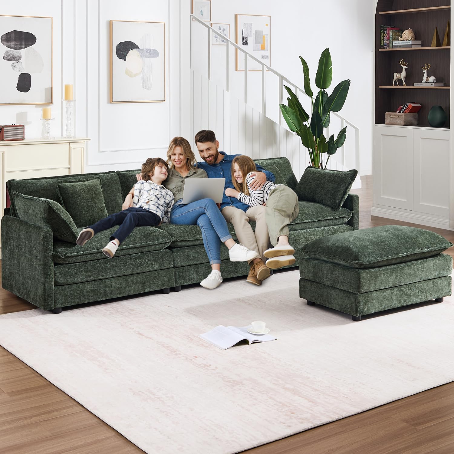 111.5" Modular Sectional Sofa, Large L Shaped Sectionals Cloud Couch, Big Comfy 3-Seat Couch with Ottoman, 4 Seater Chenille Sectional Sofa with Deep Seat and 5 Pillows for Living Room- Green