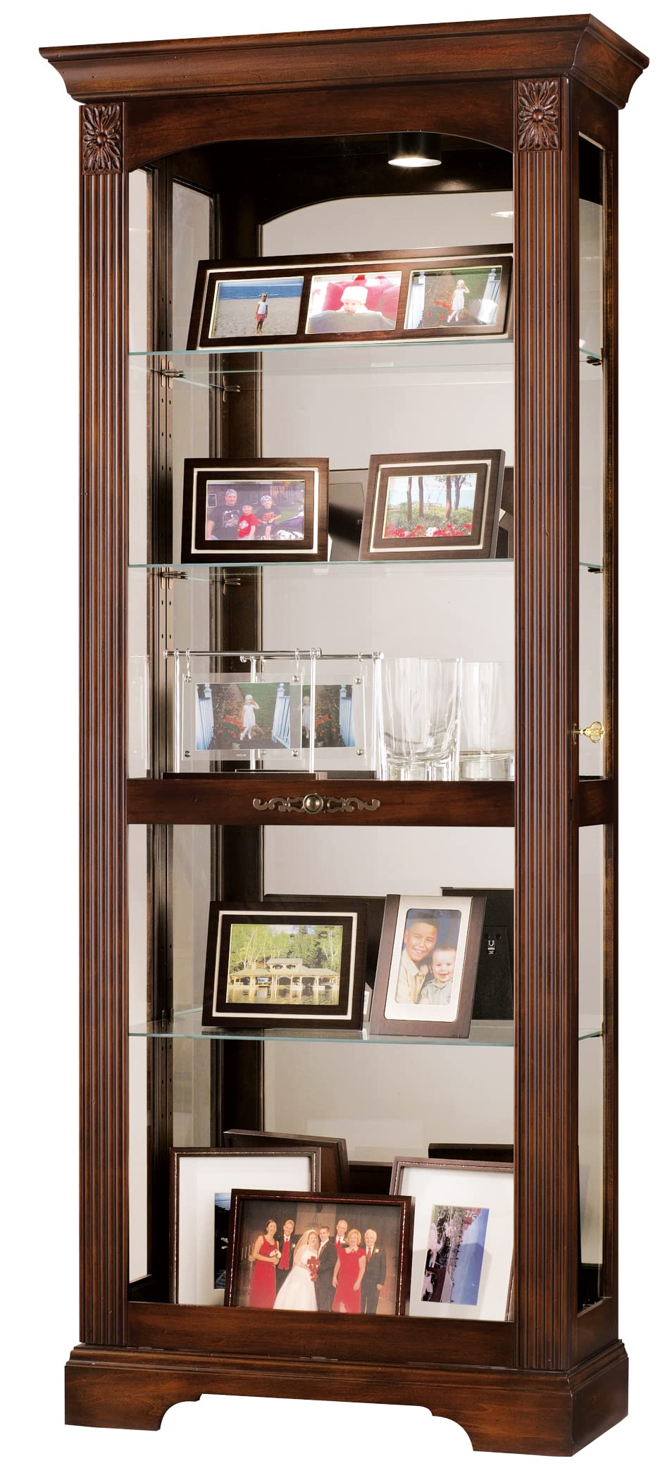 Howard Miller Ricardo Curio Cabinet β Premium Lighted Heavily Distressed Wooden Display Cabinet with Glass & Mirrored Back Sliding Secure Door Adjustable Shelves for Antique Home Decor