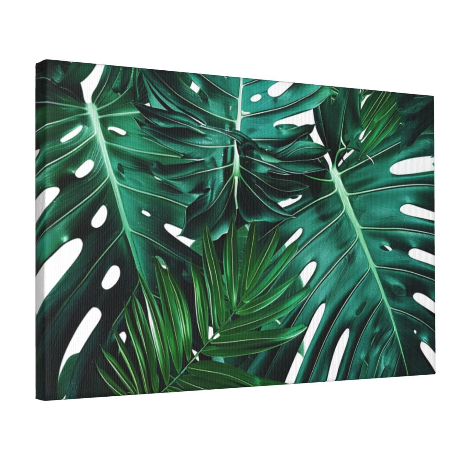YKLJG Cute green palm leaves Printed Wall Art Canvas Prints 45x30 CM Wooden Framed Picture Painting Artwork for Bedroom Kitchen Home Office Decor
