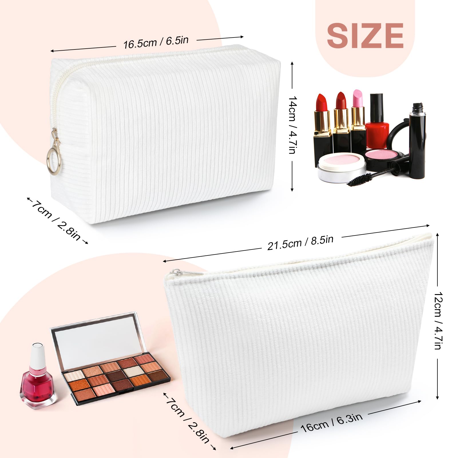Kiiwah 2 Pezzi Bustina Portatutto Donna, Trousse Trucchi in Velluto a Coste Pochette Trucchi da Borsa Viaggio (Bianco)