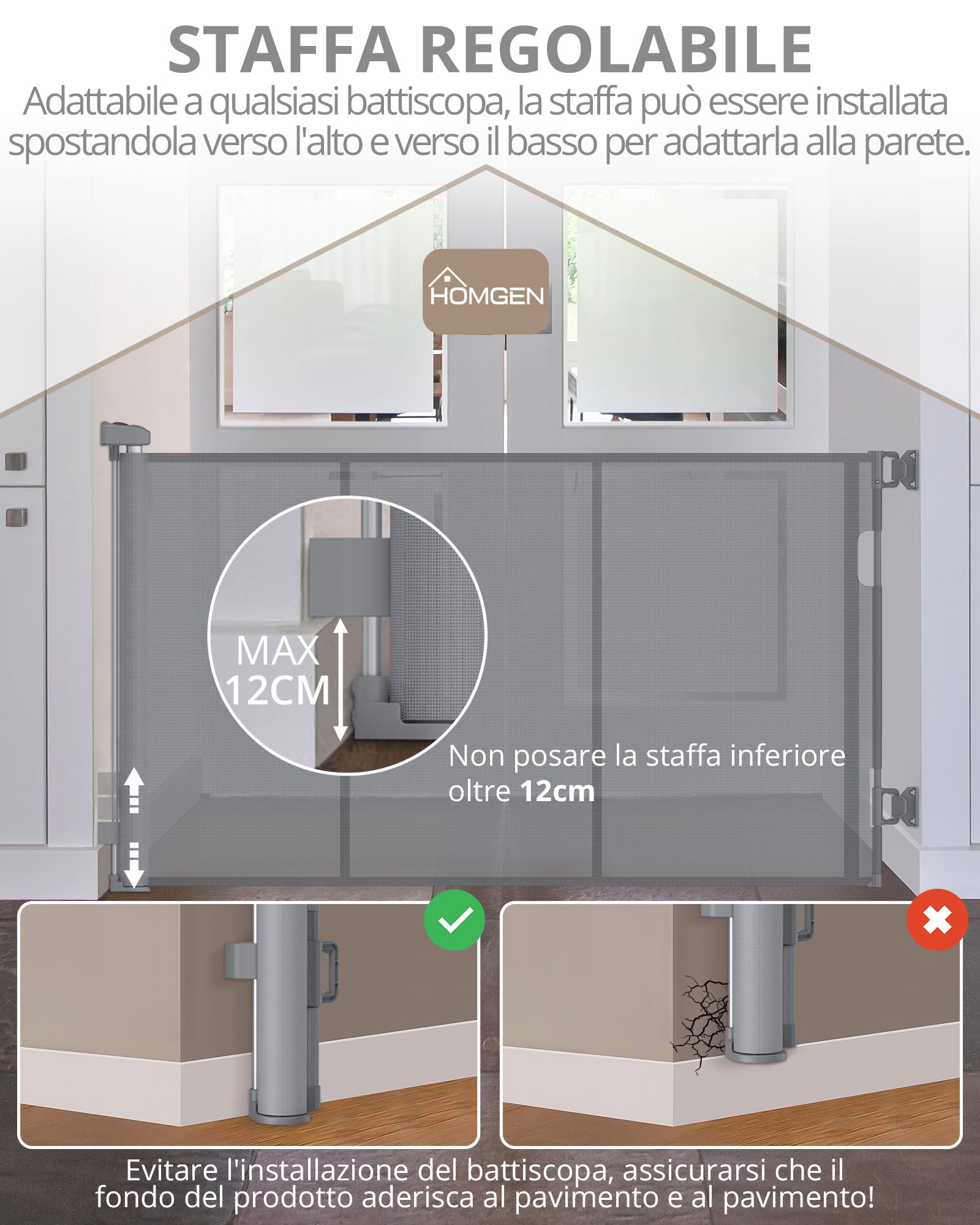 HOMGEN Cancello per Scale Retrattile Durevole Cancello Retrattile per Bambini 180cm con manopole Facile da Installare Cancello Retrattile per Cani Alto 86cm Cancello Retrattile Antistrappo -Grigio