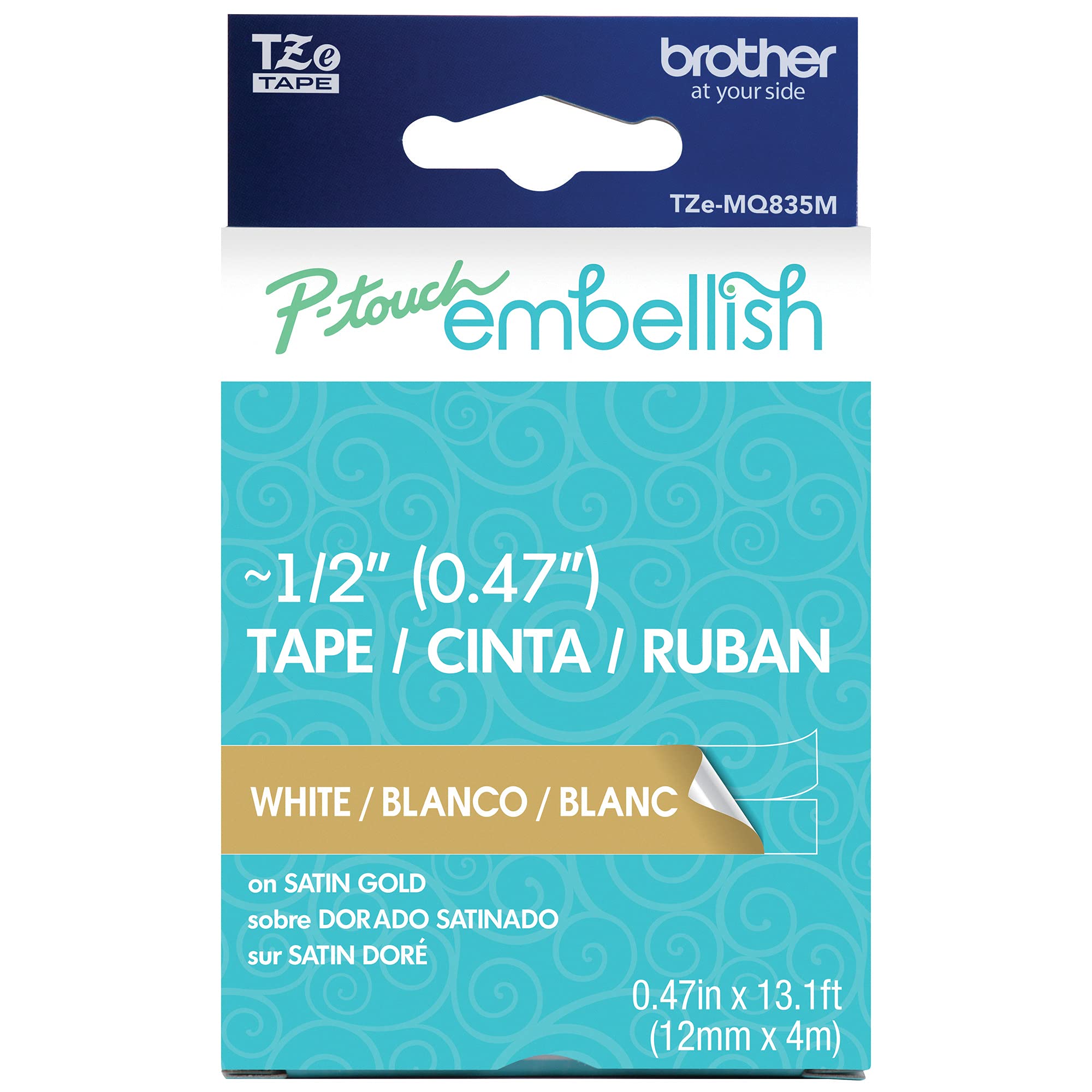 Brother P-Touch Embellish White Print on Satin Gold Tape TZEMQ835M - ~1/2" Wide x 13.1’ Long (12mm x 4m)
