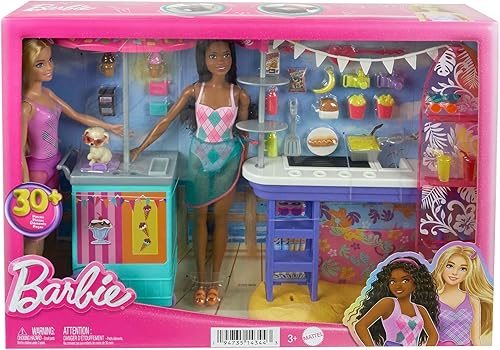 Miniatura 6 de Barbie Juego y 2 muñecas con más de 20 accesorios, juego de paseo marítimo de playa, incluye soporte para aperitivos, quiosco de helado, cachorro y