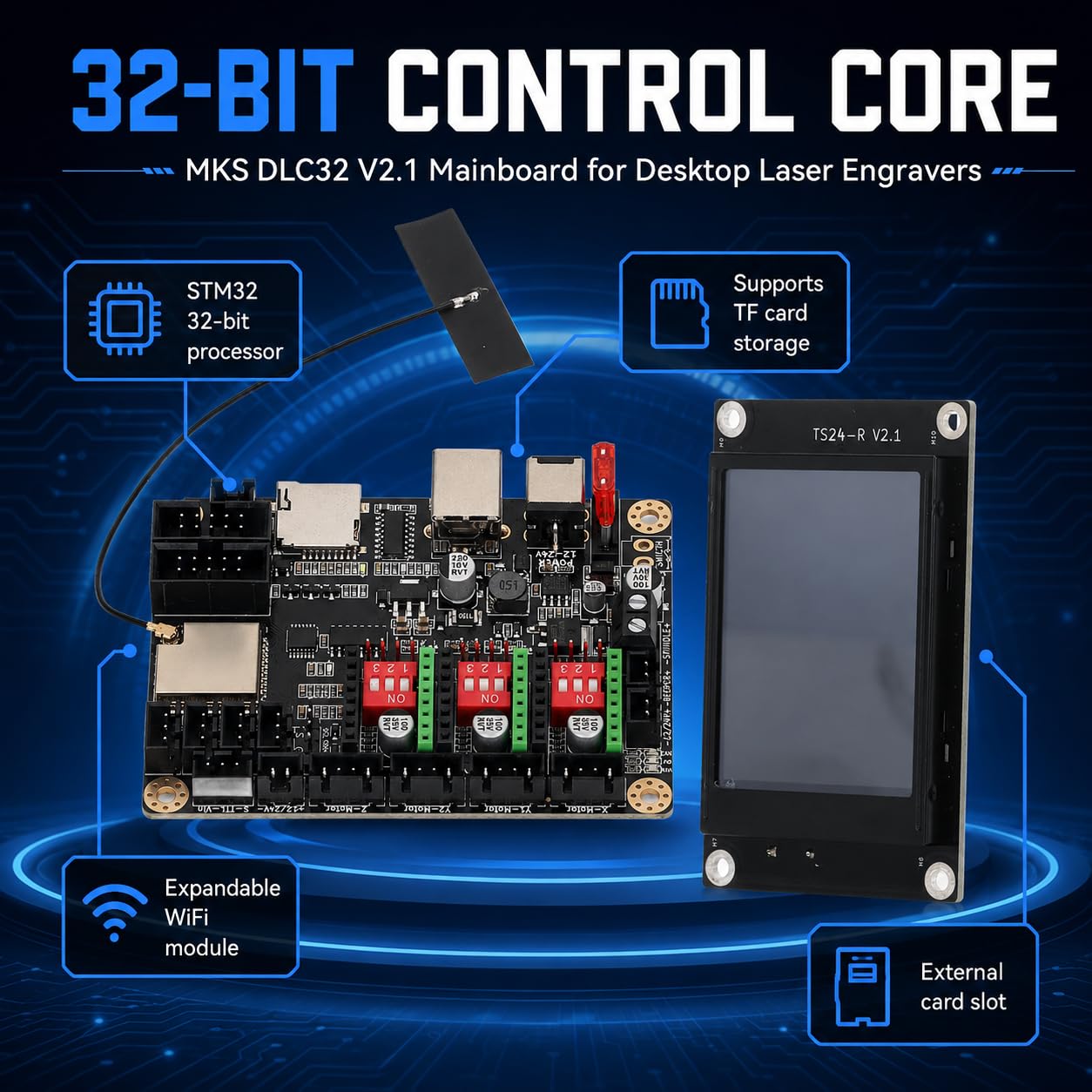 Płyta sterująca do drukarki 3D, 12-24VDC MKS DLC32 V2.1 32-bitowa maszyna do grawerowania płyta główna z WIFI 6.0 cm TS24 R V2.1, płytki prototypowania płytek drukowanych