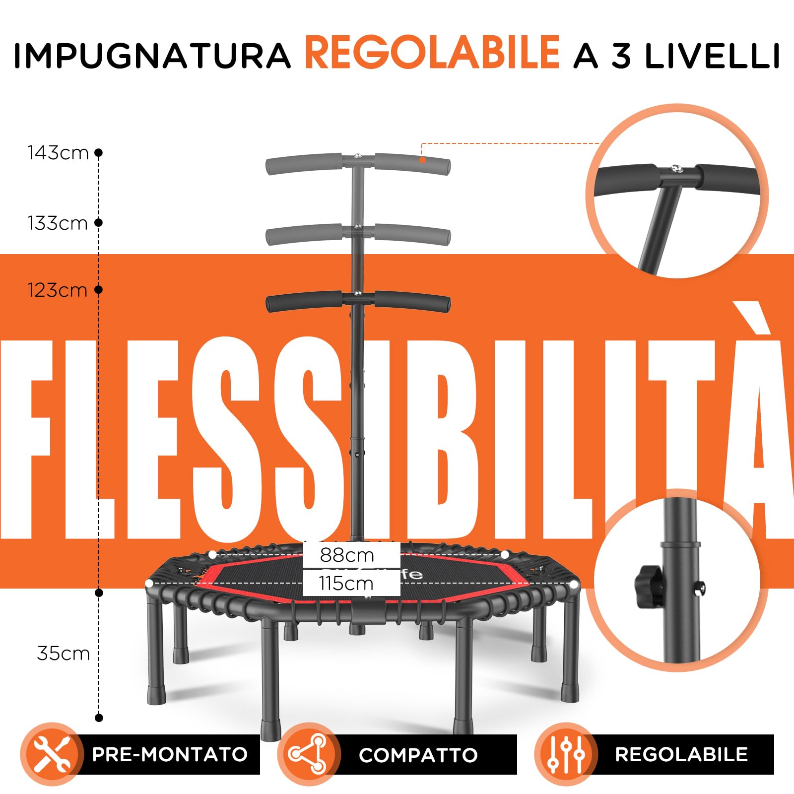 DH FitLife Trampolino Fitness Pieghevole Ø 115/128 cm | Silenzioso con Sospensione in Gomma | Senza Installazione | Maniglia Regolabile a 3 Livelli | Per Interni ed Esterni