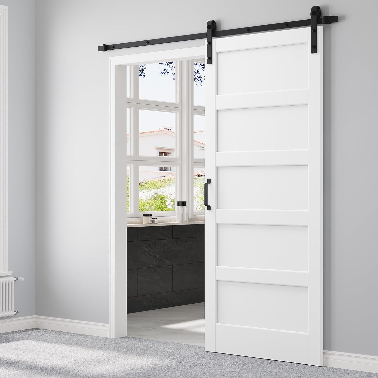 36" x 84" Sliding Barn Door with 6.6FT Track Hardware Kit Included & Handle, Mortise and Tenon Structure, Simple Assembly Required, 5-Panels Solid Core MDF, Paintable & Pre-Drilled Barn Door Interior