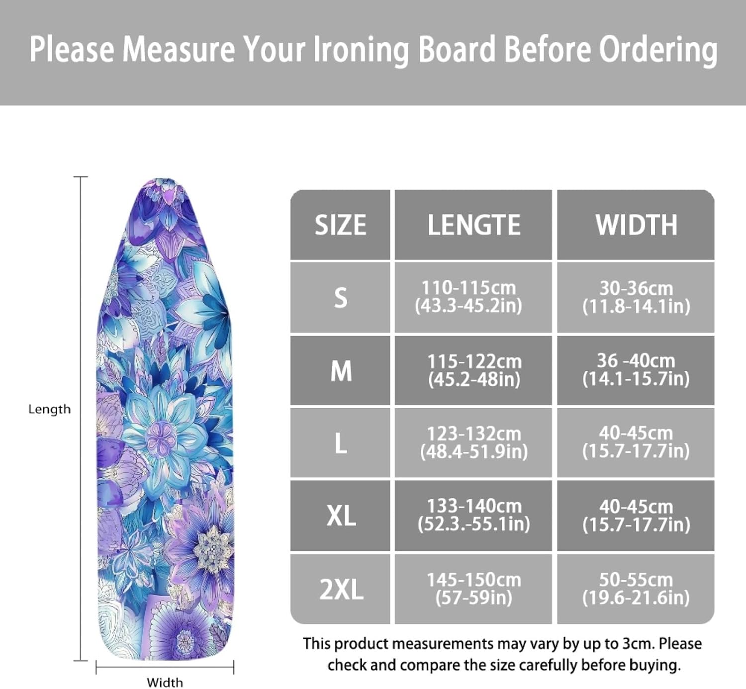 Ironing Board Cover 14x48 Blue Purple Flower Iron Board Cover with Padding Heat Reflective,Scorch Resistant Thick Padding,Snug Fit Non-Slip Nose Pocket Fastener Straps Elastic Edges