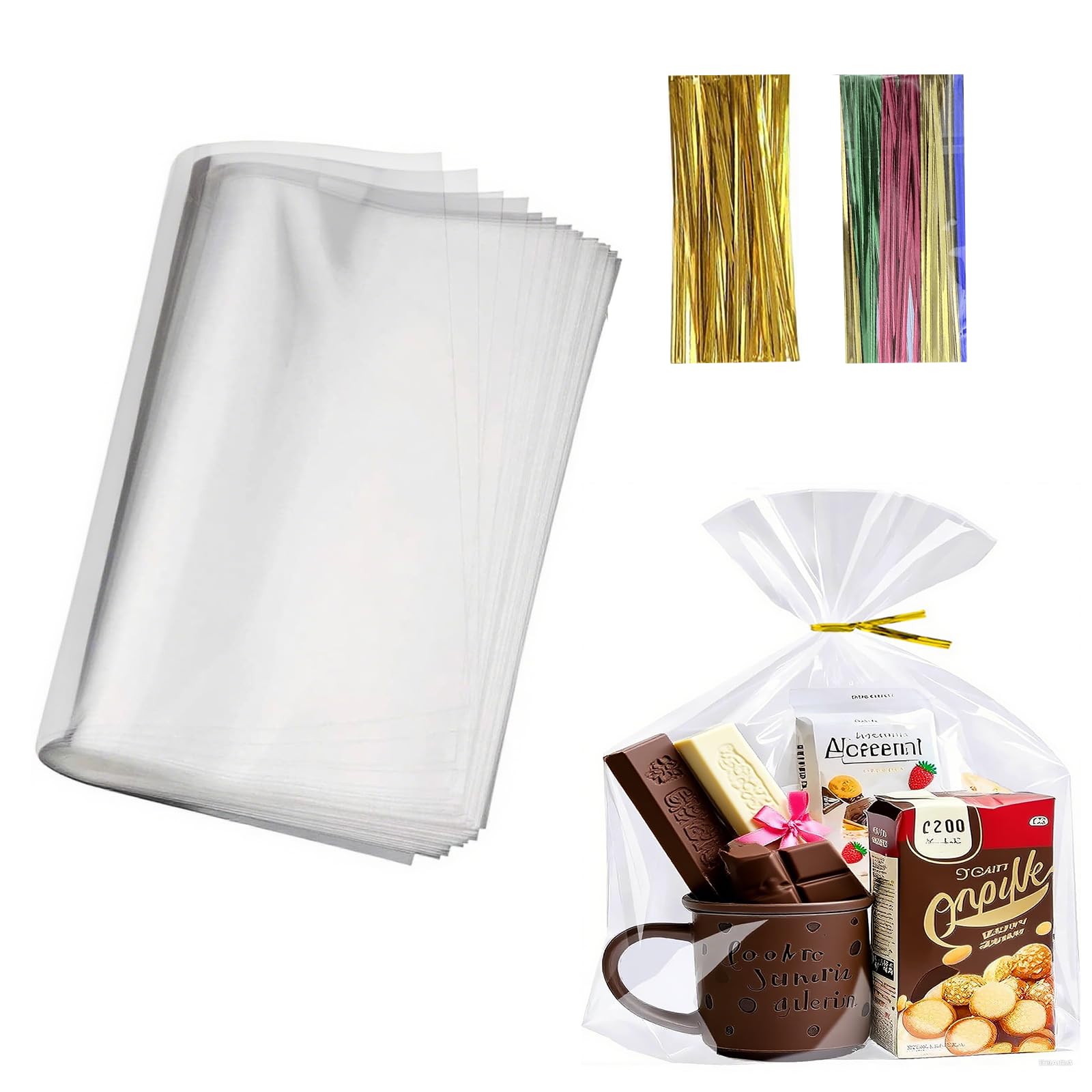 50 pieces 14x18 inch Cellophane Wrap Cello Cellophane Treat Bags Clear Flat for party gift wrapping, bakery, cookies, candies, desserts, basket wrapping with colorful twist ties