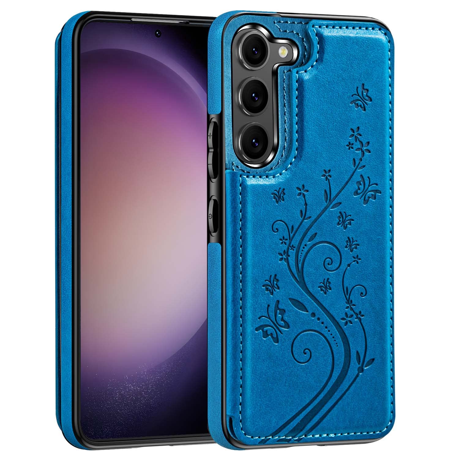 Korecase Compatible with Samsung Galaxy S24 Wallet Phone Case with Card Holder, Butterfly Flower PU Leather Back Flip Case Cover for Galaxy S24,Blue