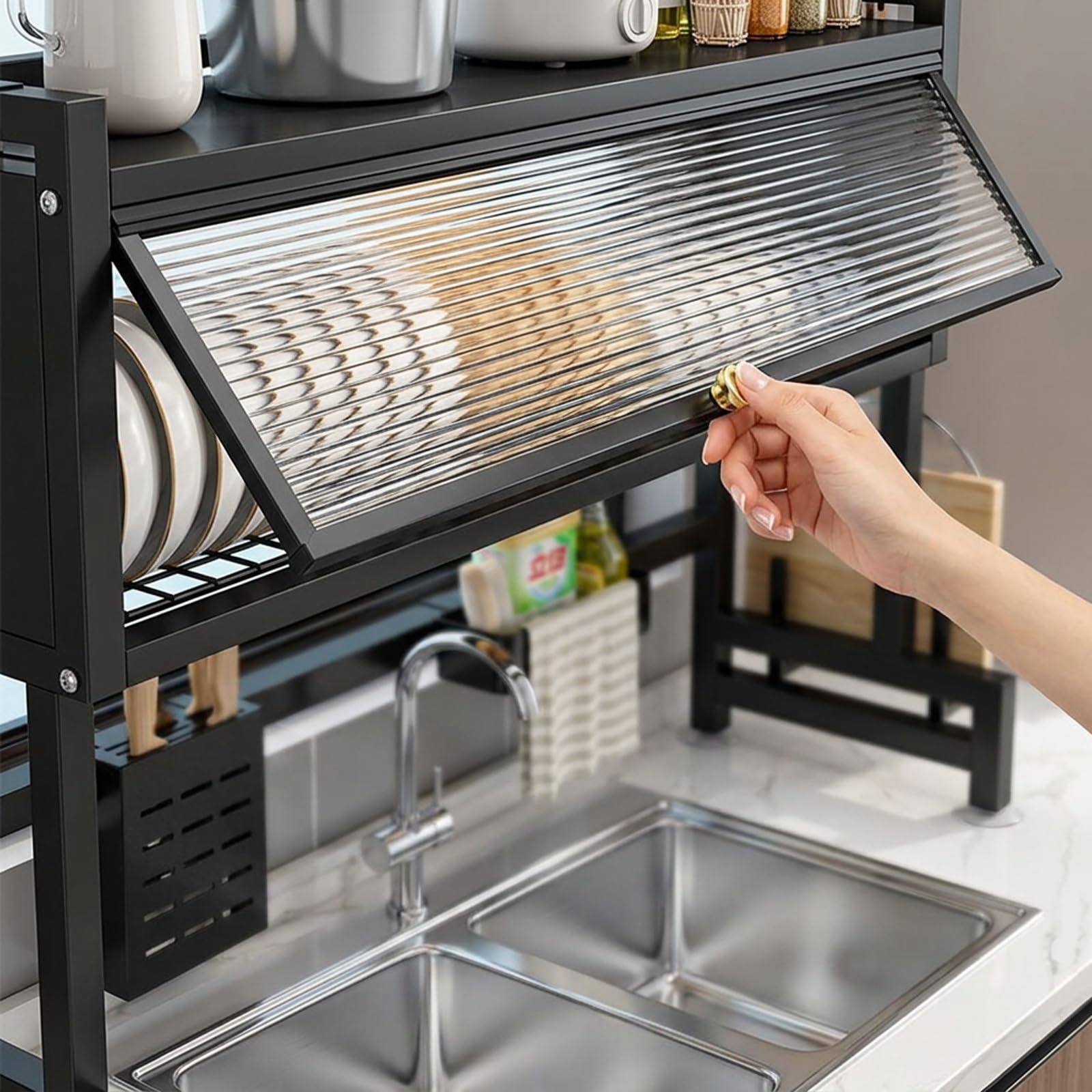 Estante Compacto sobre Fregadero | Escurridor con cubierta protectora y soportes modulares(Wit,37"/95cm)