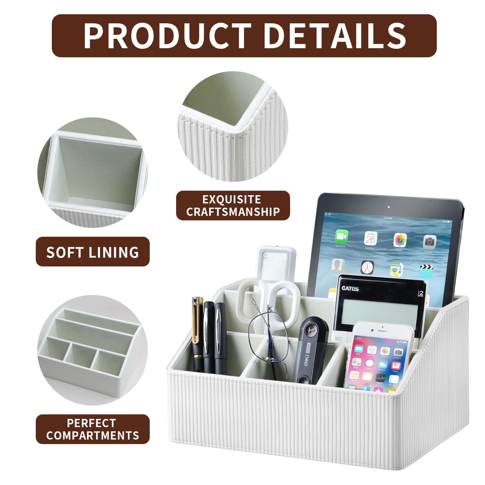 Organizador de escritorio de piel sintética con posavasos, caja de almacenamiento multifuncional con 5 compartimentos, accesorios de oficina, bolígrafo, lápices, tarjetas de identificación