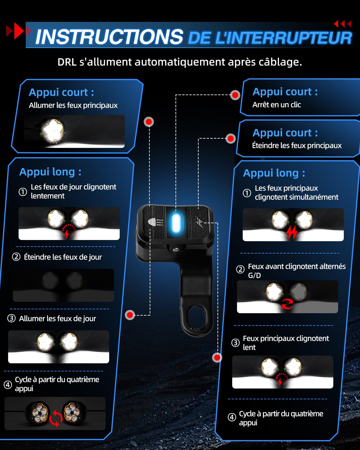 BraveWAY Phares Additionnels Moto 3,7 Pouces 70W 16000LM DRL Ambré Fonction Stroboscopique Faisceau Combin Caches Jaunes/Noirs Supports en U et Tubulaire Harnais de Câbles