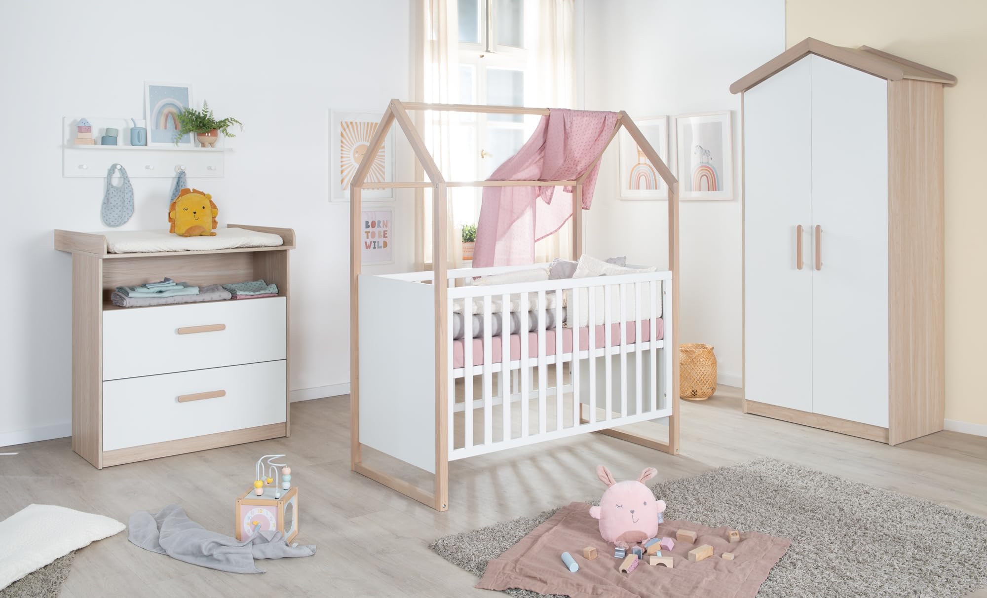 roba 2in1 Baby- & Beistellbett Cabane in Hausoptik - 60 x 120 cm - 6-fach Höhenverstellbar - 5 herausnehmbare Sprossen - Bicolor - Holz natur + Weiß