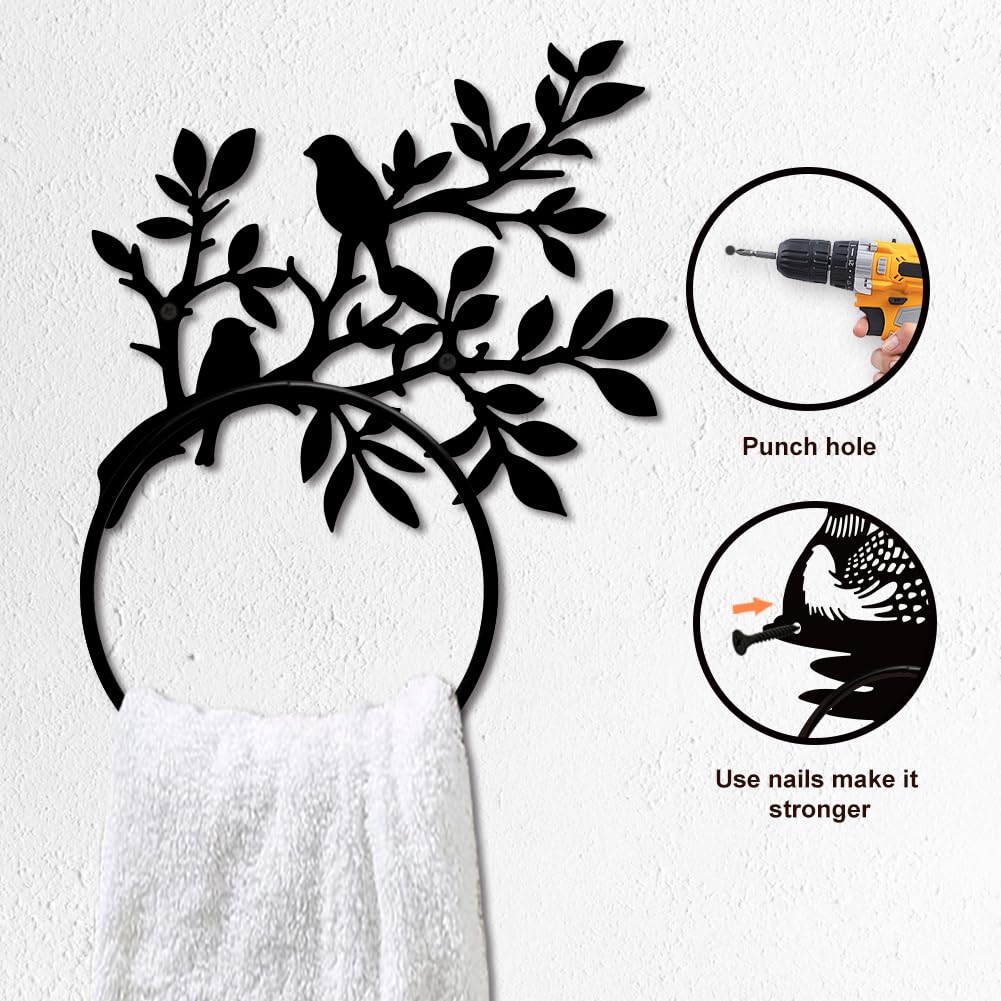 MAYJOYDIY Anneau Porte Serviettes en Métal avec Branches et Oiseaux pour Mur Plantes Feuillues Porte Serviettes Noir Fixation Murale pour Cuisine Salle de Bain Buanderie Décoration Cadeaux