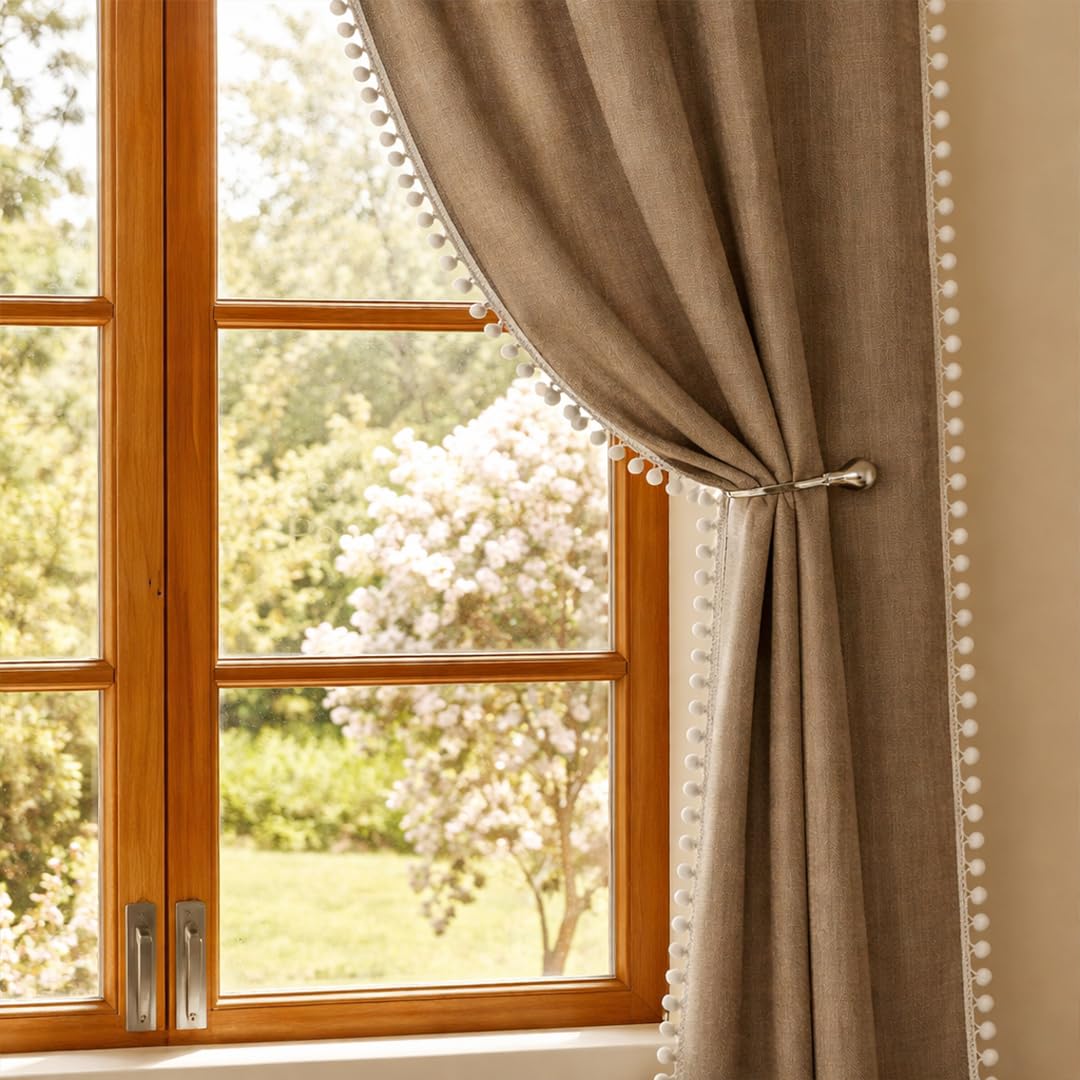 HOMEMONDE Sheer 7 Feet Curtains with Decorative Side Border Pompom Curtain for Door, Linen Textured Light Filtering, Pack of 2 - (84 Inch, Dark Brown)