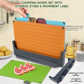 IAGORYUE 4 Colour Coded Chopping Board Set | BPA Free Thick Plastic Chopping Boards with Stand | Kitchen Cutting Boards Dishwasher Safe with Non Slip Feet & Juice Groove for Vegetables/Meat/Fish/Bread