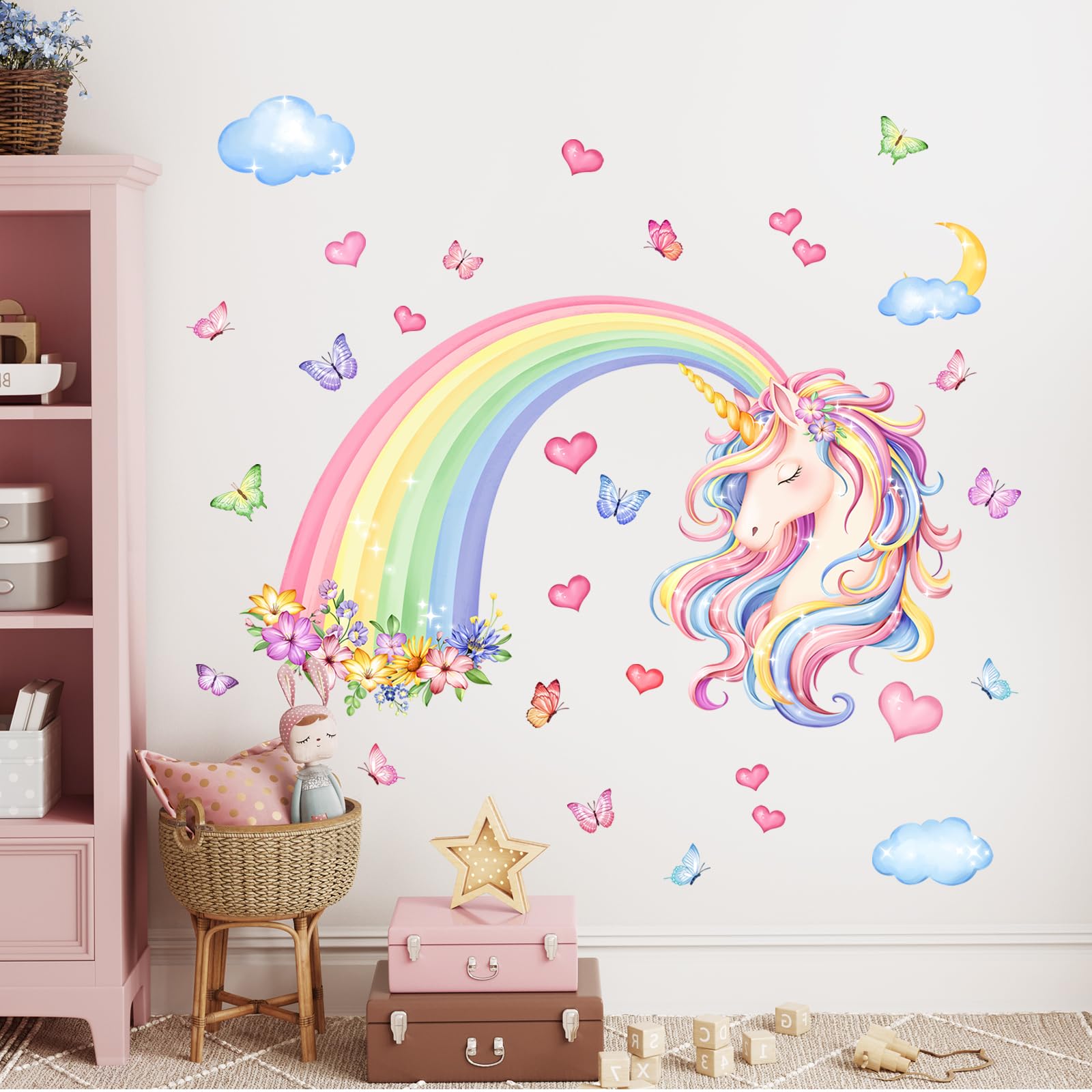 Supzone Large Rainbow Wall Stickers Unicorn Rainbow Butterfly Hearts Wall Art Decals for Girls Nursery Kids Bedroom Living Room Classroom - Image 2