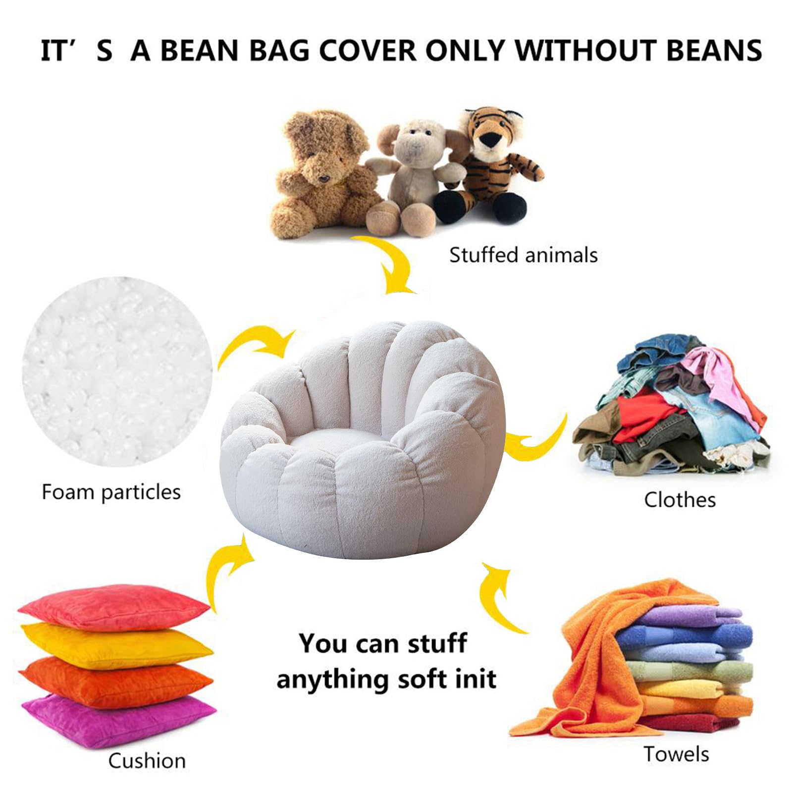 Bean Bag Sitzkissen Sessel Bodenkissen Aufbewahrungstasche (Nur Cover) Große Sitzsack Sitzkissen-Hülle - Indoor wie Outdoor Lounge Gamer Sitzsack Sessel,Weiß