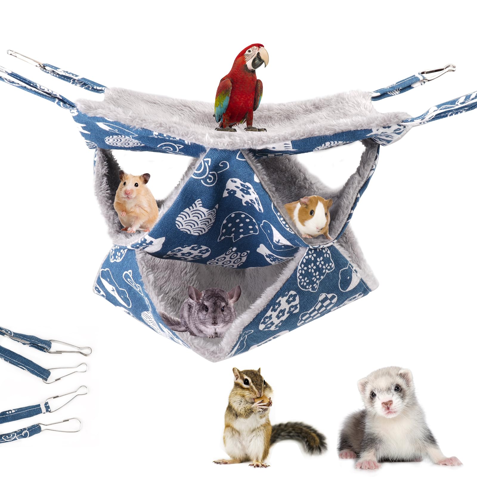 Pet Cage Hammock - 3-Layer Soft and Fluffy Hamster Hanging Bed for Ferrets, Chinchillas, Squirrel, Sugar Glider to Rest and Play