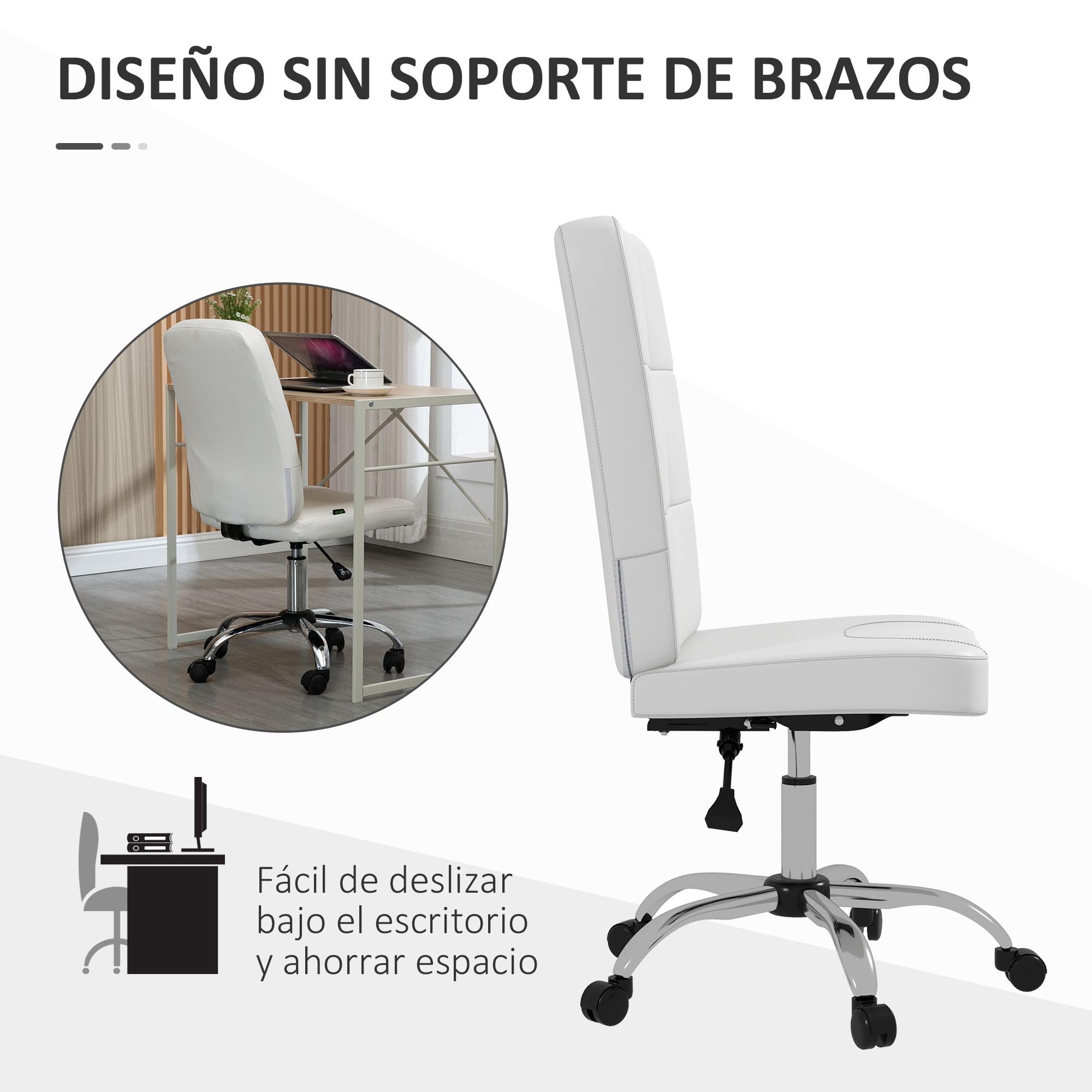Vinsetto Silla de Oficina sin Brazos Carga 120 kg 45x59x90-100 cm Blanco | Silla de Escritorio Giratorio, Piel Sintética, Altura Ajustable, Estilo Moderno