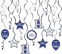 Vista 17 de Serpentinas de remolinos de cumpleaños feliz de 16 años con purpurina azul y plateada - Kit de 15 piezas de remolinos colgantes para el kit