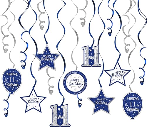 Miniatura 17 de Serpentinas de remolinos de cumpleaños feliz de 16 años con purpurina azul y plateada - Kit de 15 piezas de remolinos colgantes para el kit