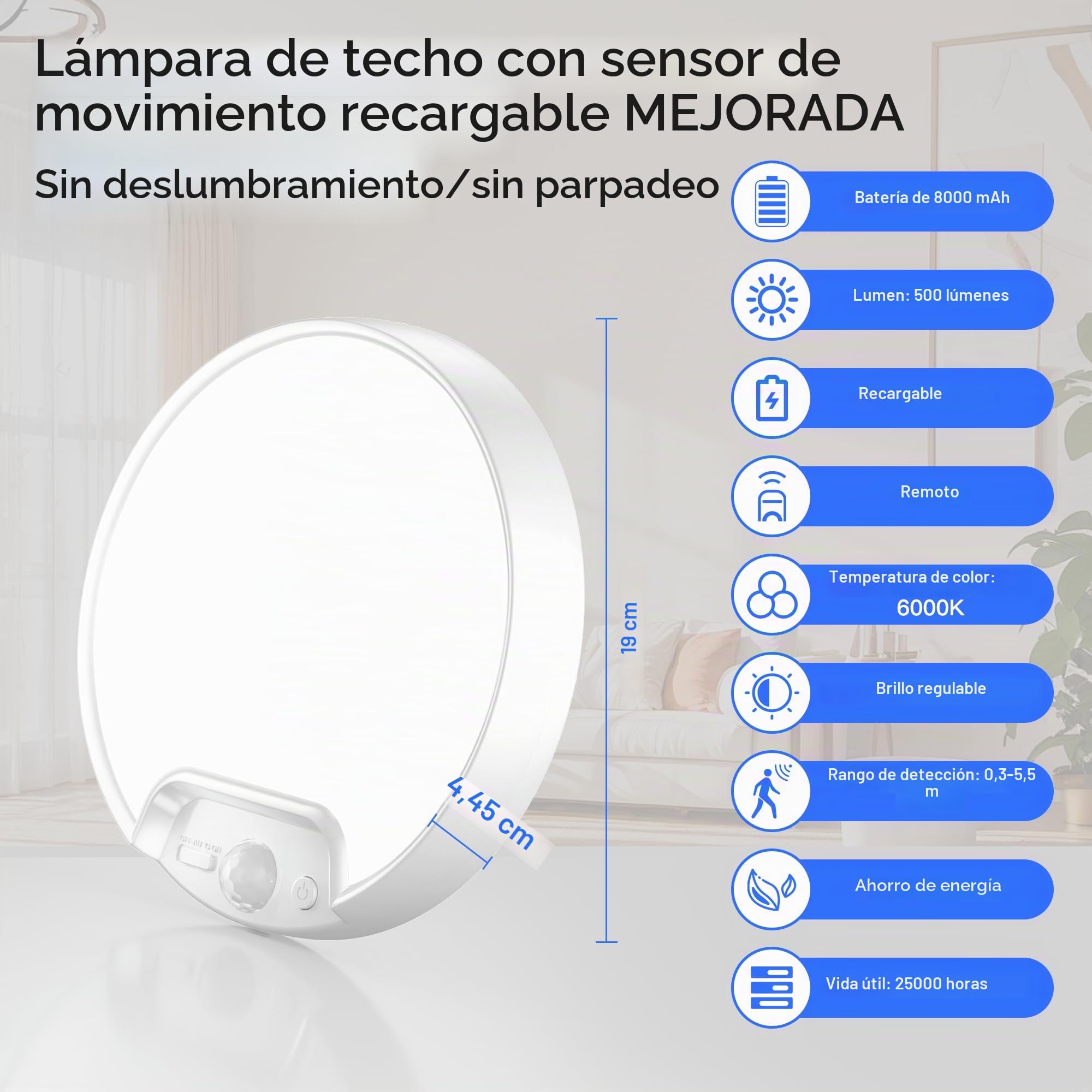 Homelist Plafon LED Techo con Sensor de Movimiento, Lampara Techo sin Cables para Baño Con Mando a Distancia, 8000mAh Luz de Ducha Recargable con Batería, Porche, Escaleras, Garaje, 2 Paquetes