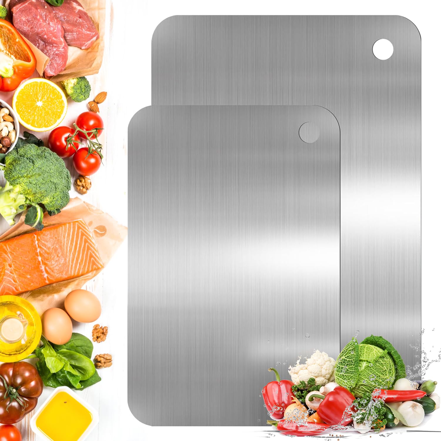 2Pcs Stainless Steel Chopping Board,30 x 19.5 cm, 23.5 x 14.5 cm,Titanium Chopping Board,Double-Sided Stainless Steel Cutting Boards for Kitchen,Cutting Boards for Meat, Fruit and Vegetables