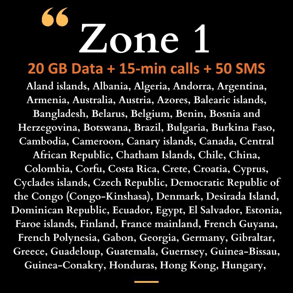 Tarjeta SIM prepago Orange Holiday Worldwide con 20 GB por 30 días en 4G/LTE | Tethering Permitido | Llamadas y SMS | Incluye Soporte SIM + Pin (SIM Internacional, Asia, América, Europa)