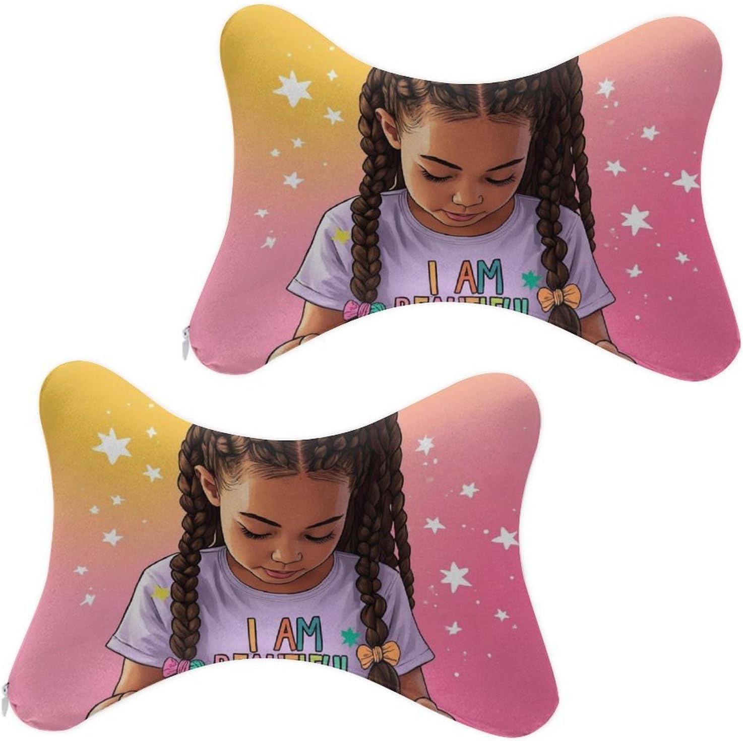Pack of 2 Memory Foam Car Seat Neck Pillow for Travel Car Seat & Home, African American Black Girl Book Art Luxury Head Neck Pillow Travel Sleeping Cushion with Elastic Strap