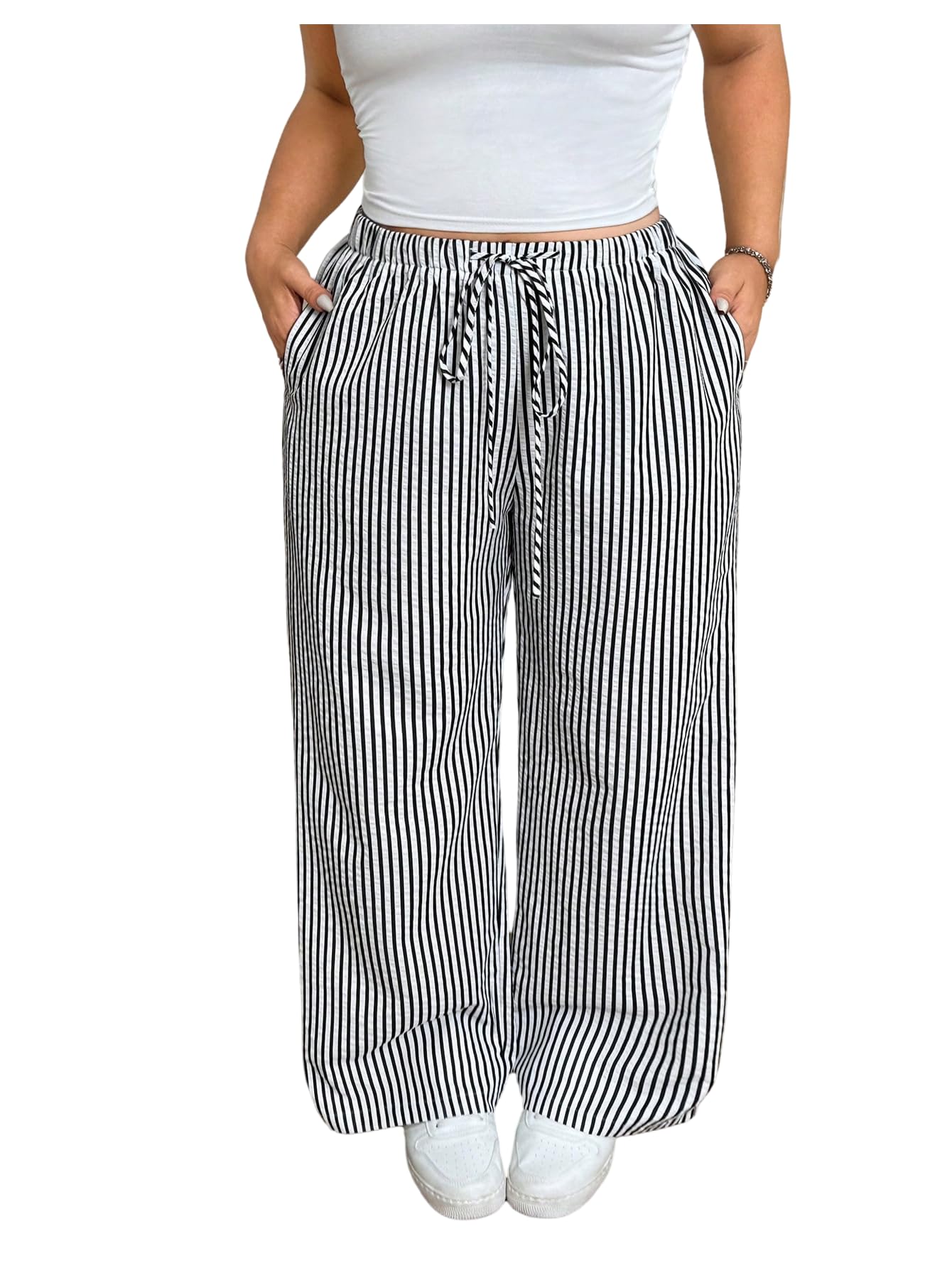 Floerns Womens Plus Size Casual Striped Pants Wide Leg Drawstring Elastic Waist Long Trousers with Pocket Fall Outfits