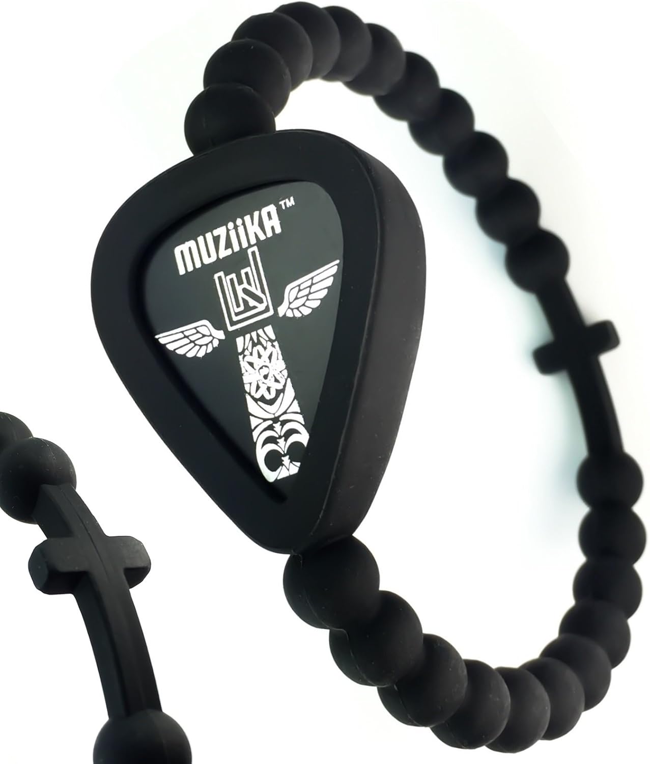 MUZiiKA Guitar Pick Holder Bracelet By Pickbandz in Epic Black - holds up to 4 picks (two MUZiiKA picks included) select Beaded ONLY, w/SKULL or w/CROSS and (UNISEX) size (Small Beaded with CROSS)