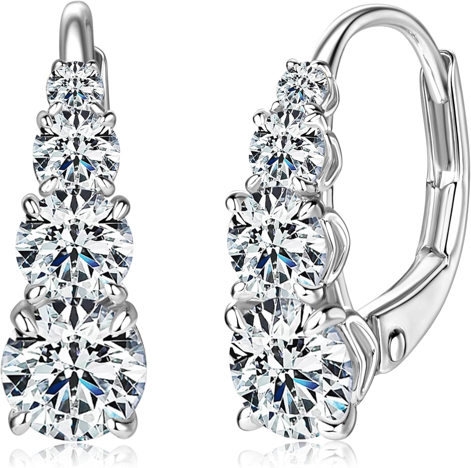 4 Stone Moissanite Hoop Earrings, 925 Sterling Silver Hypoallergenic Leverback Drop Earrings for Women, D Color VVS1 Round Cut Jewelry Gifts