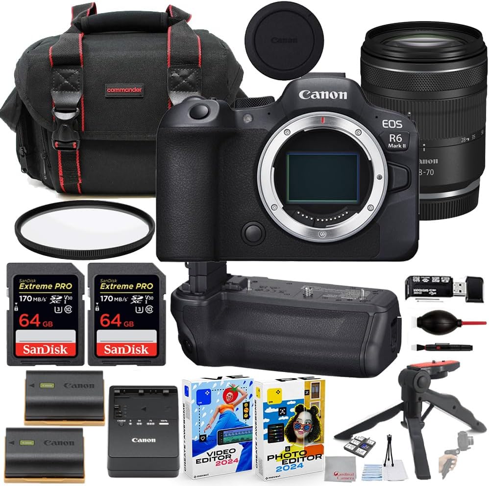 Canon EOS R6 Mark II Mirrorless Camera with RF 28-70mm STM Lens Bundle + Canon BG-R20 Battery Grip + Commander Gear Bag + 2X 64GB Extreme Memory Cards + Accessory Kit