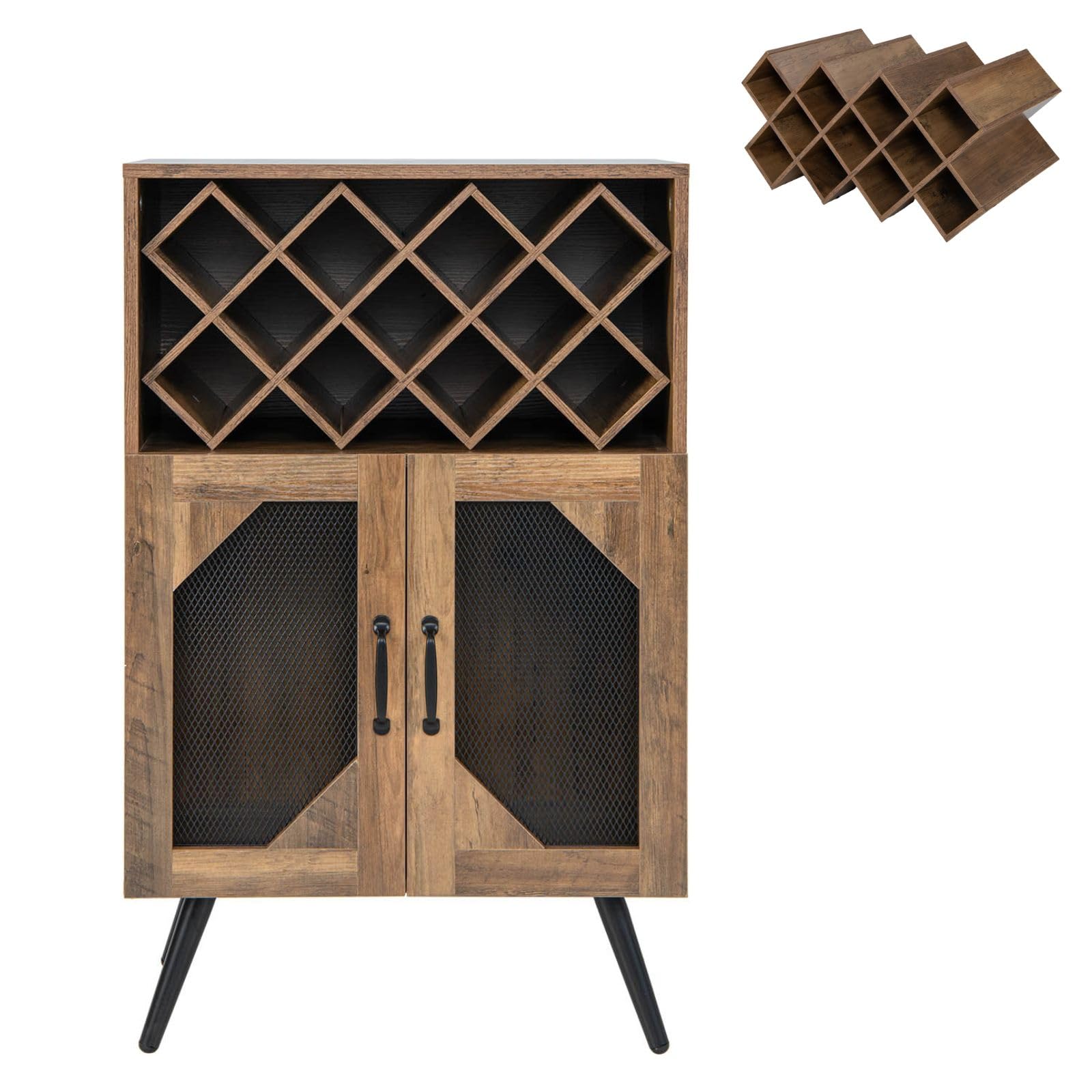 COSTWAY Buffet Cuisine avec Porte-Bouteilles Amovible pour 11 Bouteilles, Porte-Verres, Placard 2 Portes, Meuble Range Bibliothèque Anti-Bascule pour Cuisine, Salle à Manger, Salon, Brun Rustique