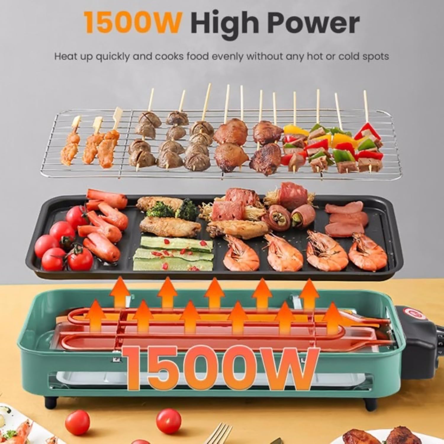 1500W Electric Indoor Grill 2-in-1 with Removable Grill Net and Plate - 5 Temperature Control 176°F-392°F, Dishwasher Safe Small Trays, Over-Heat Protection for Home Kitchen