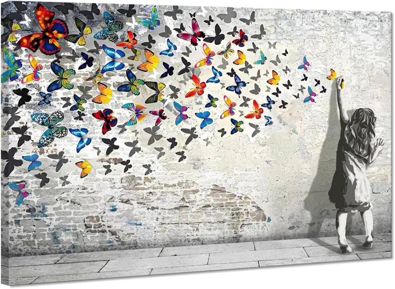 Banksy Graffiti Canvas Wall Art Girl with Butterfly Painting Pictures Posters Prints Street Art Graffiti Artwork for Living Room Bedroom Kitchen Decor Ready to Hang - 24x36inch