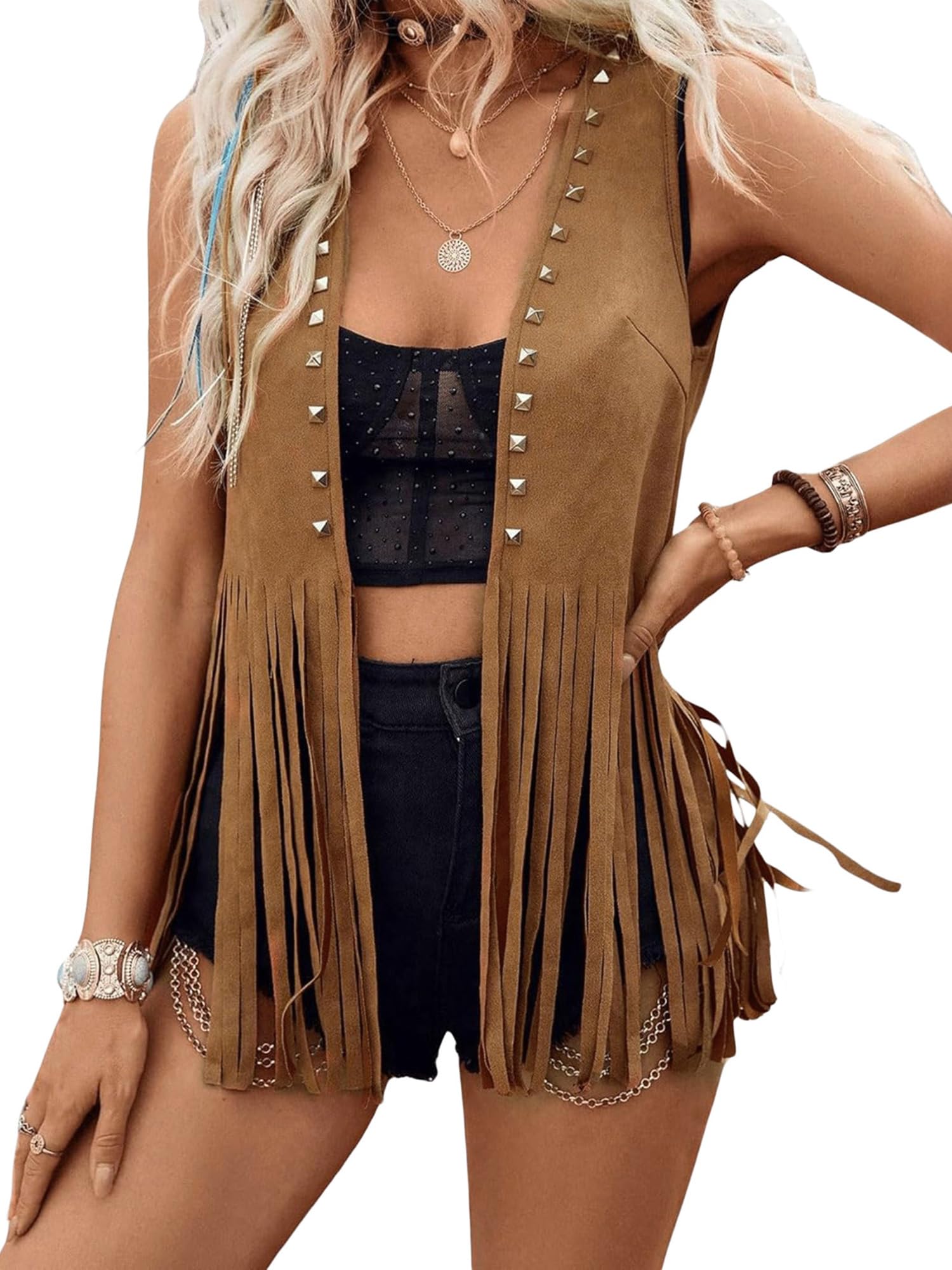 Women Tassel Vest Sleeveless Western Cowgirl Faux Suede Fringe Vest 70s Hippie Vintage Gilets Y2k Jacket Waistcoat Outerwear (G-Dark Brown, L)